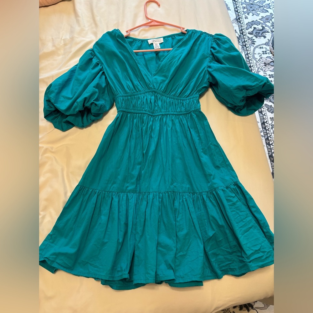Elegant Teal Dress with Puff Sleeves